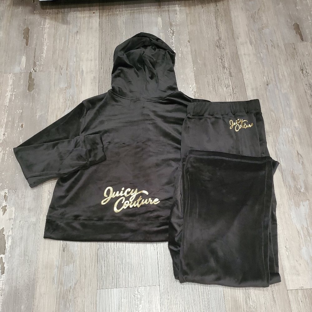 Juicy Couture Black Velour Hoodie and Pants 2 Piece Set